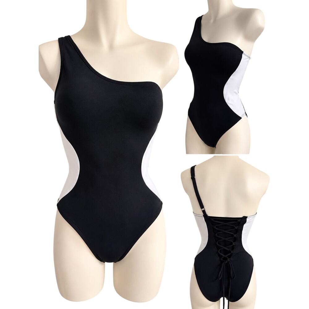 TA3 One Sidey Contour One-Piece Swimsuit Black White Size M Regular/Long